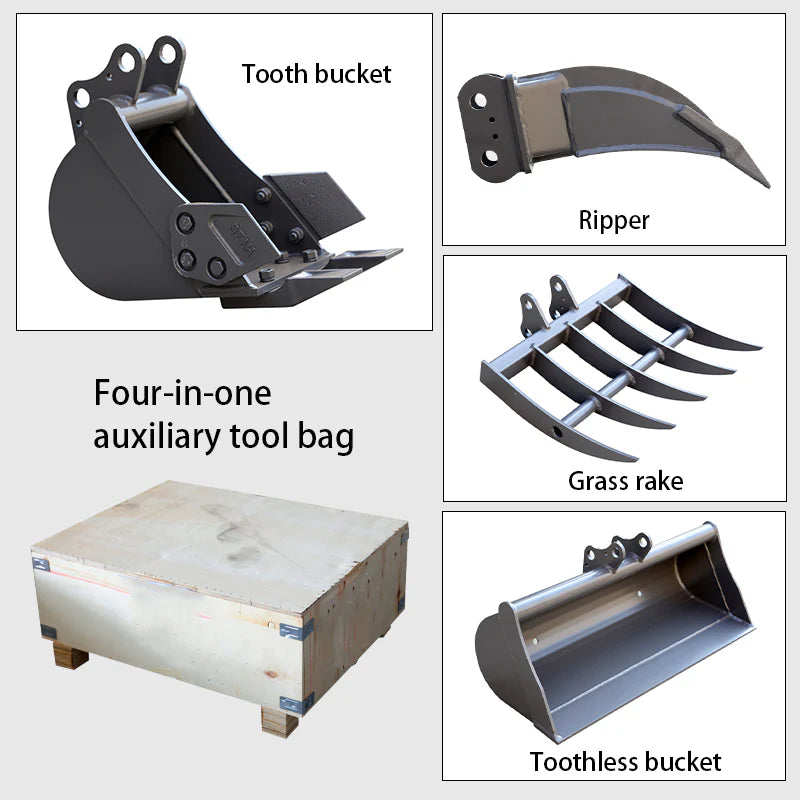 8" Toothed, 32" Toothless Bucket, Rake, Ripper 4-In-1 Kit For 1-1.8 Ton Mini Excavators | HUAYEE HYE01