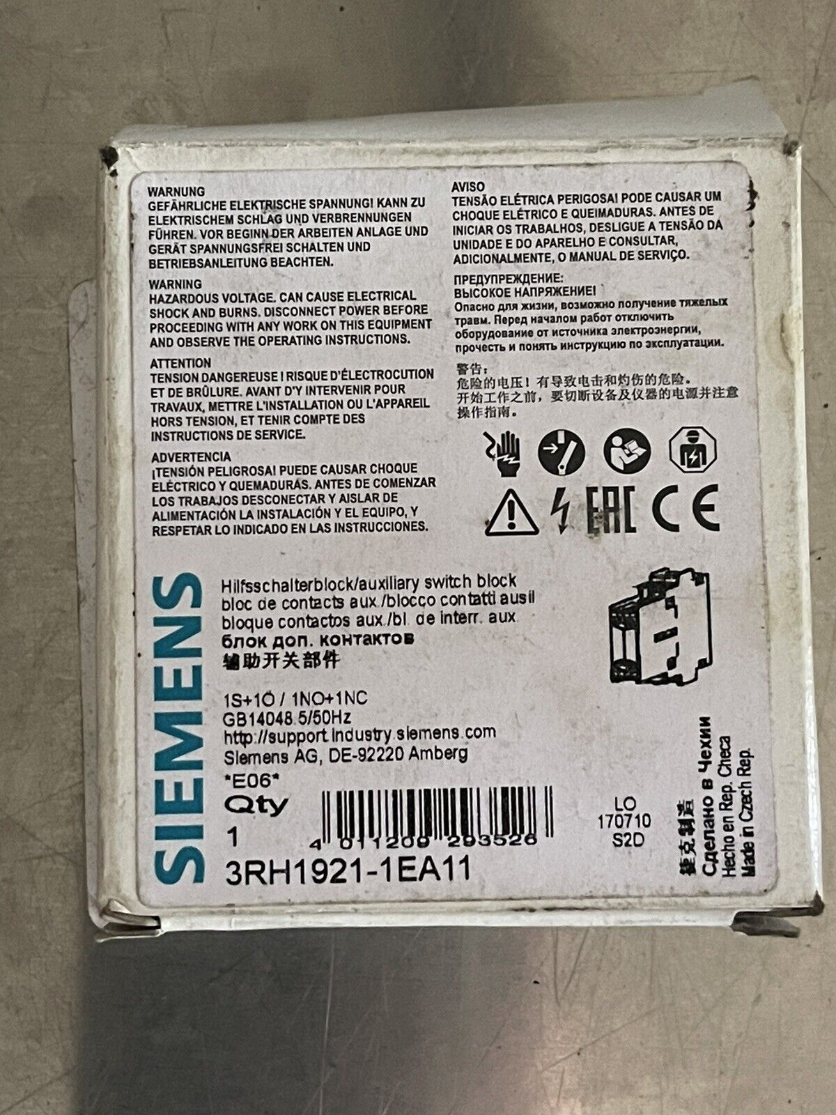 SIEMENS 3RH1921-1EA11 AUXILIARY SWITCH BLOCK, 1NO + 1NC
