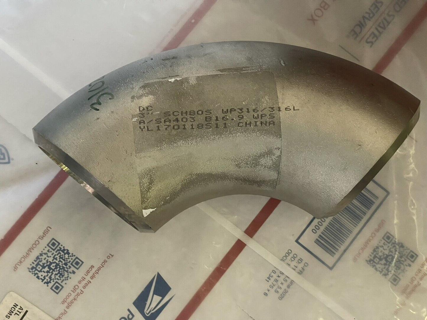 90 DEGREES 3" PIPE SIZE BUTT-WELD ELBOW, A/SA403, WP316/316L, SCH. 80S, 316 SS