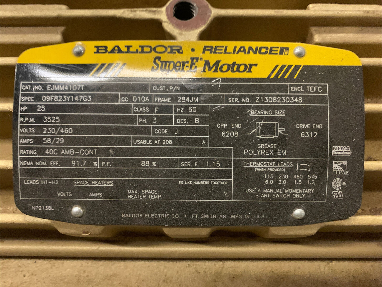 BALDOR EJMM4107T GENERAL PURPOSE MOTOR 25HP, 3525RPM, 3PH, 60HZ, 284JM, TEFC
