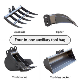 8" Toothed, 32" Toothless Bucket, Rake, Ripper 4-In-1 Set For Up To 2 Ton Mini Excavators | HUAYEE HYE05