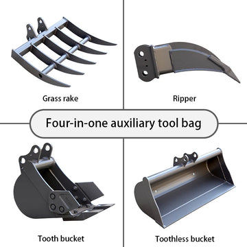 8" Toothed, 32" Toothless Bucket, Rake, Ripper 4-In-1 Set For Up To 2 Ton Mini Excavators | HUAYEE HYE05