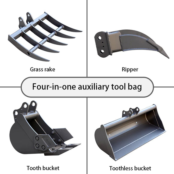 8" Toothed, 32" Toothless Bucket, Rake, Ripper 4-In-1 Set For Up To 2 Ton Mini Excavators | HUAYEE HYE05