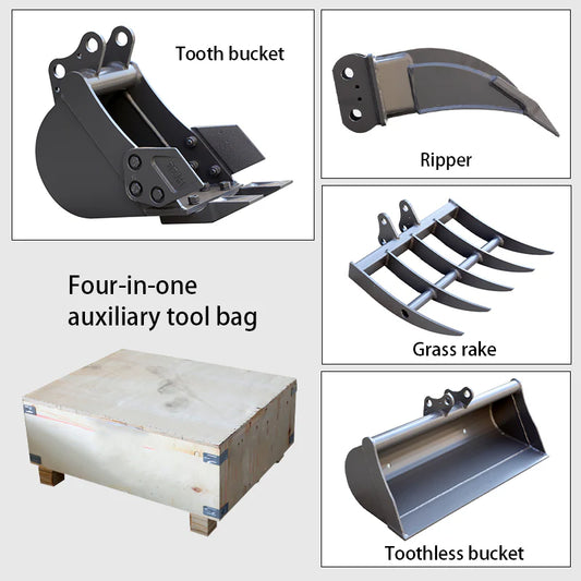 8" Toothed, 32" Toothless Bucket, Rake, Ripper 4-In-1 Kit For 1-1.8 Ton Mini Excavators | HUAYEE HYE01