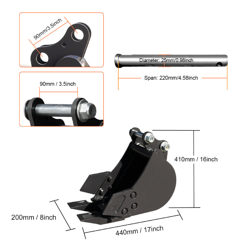 8" Toothed, 32" Toothless Bucket, Rake, Ripper 4-In-1 Kit For 1-1.8 Ton Mini Excavators | HUAYEE HYE01