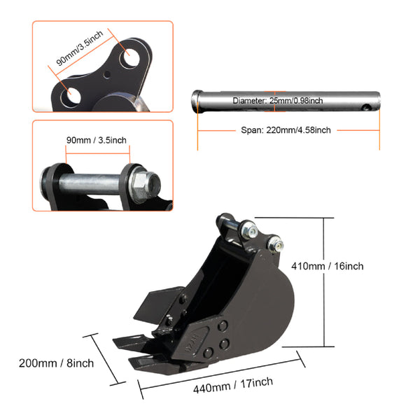 8" Toothed, 32" Toothless Bucket, Rake, Ripper 4-In-1 Kit For 1-1.8 Ton Mini Excavators | HUAYEE HYE01