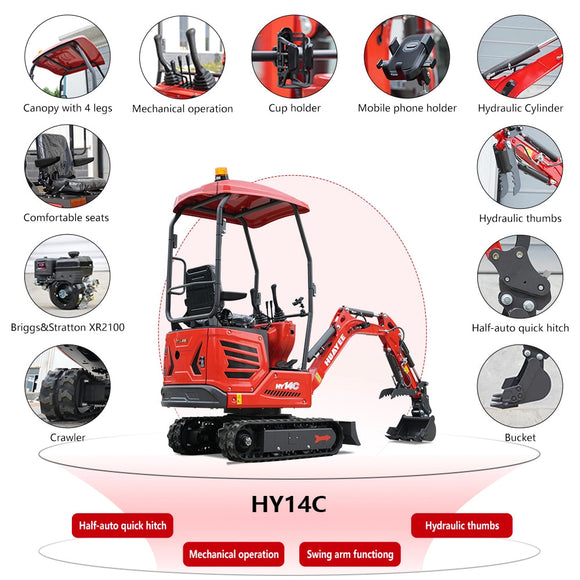 Mini Excavator With Hydraulic Thumb & Side Swing Boom - 13.5hp B&S Engine | HUAYEE HY14C
