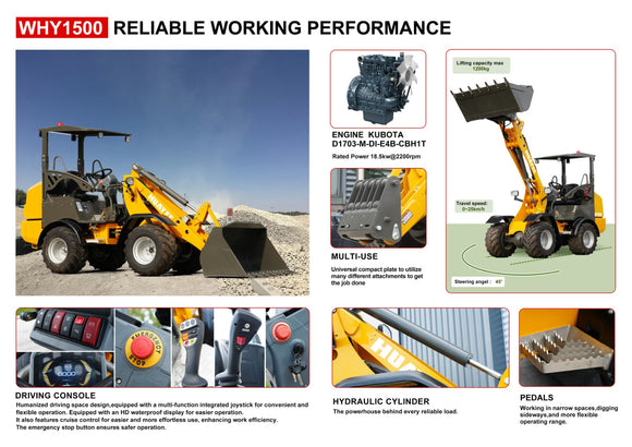 Huayee WHY1500 Articulating Wheel Loader D1703 Kubota Engine 4x4 3,000 Lift