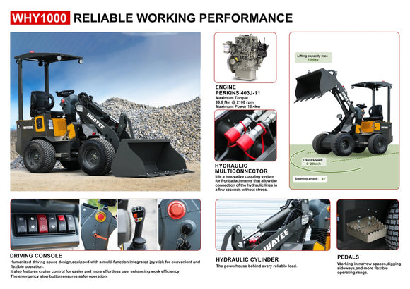 Huayee WHY1000 Mini Skid Steer Loader Perkins Diesel EPA Tier 4, 4x4, 1,300 kg Operating Weight