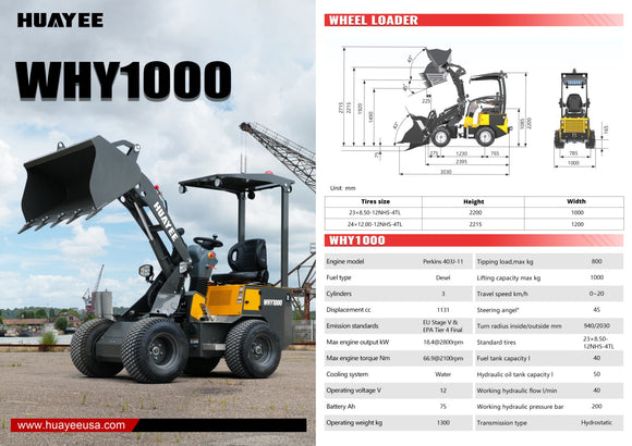 Huayee WHY1000 Mini Skid Steer Loader Perkins Diesel EPA Tier 4, 4x4, 1,300 kg Operating Weight