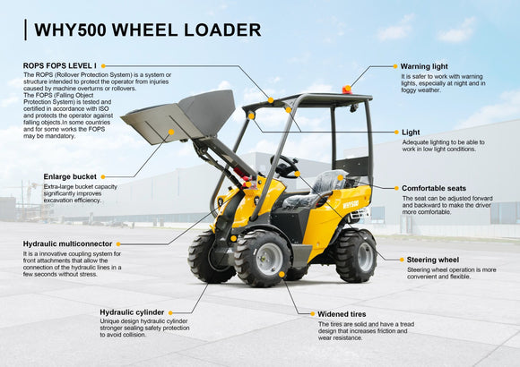 Huayee WHY500 Mini Wheel Loader YN27 Turbo Diesel 4x4, 1,000 kg Rated Load