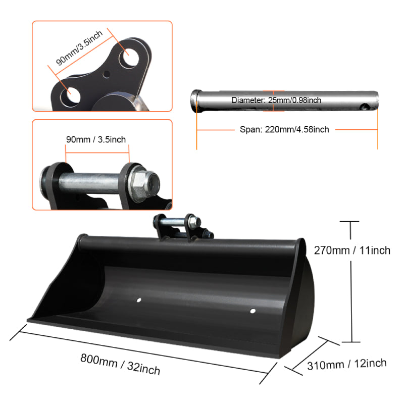 8" Toothed, 32" Toothless Bucket, Rake, Ripper 4-In-1 Set For Up To 2 Ton Mini Excavators | HUAYEE HYE05