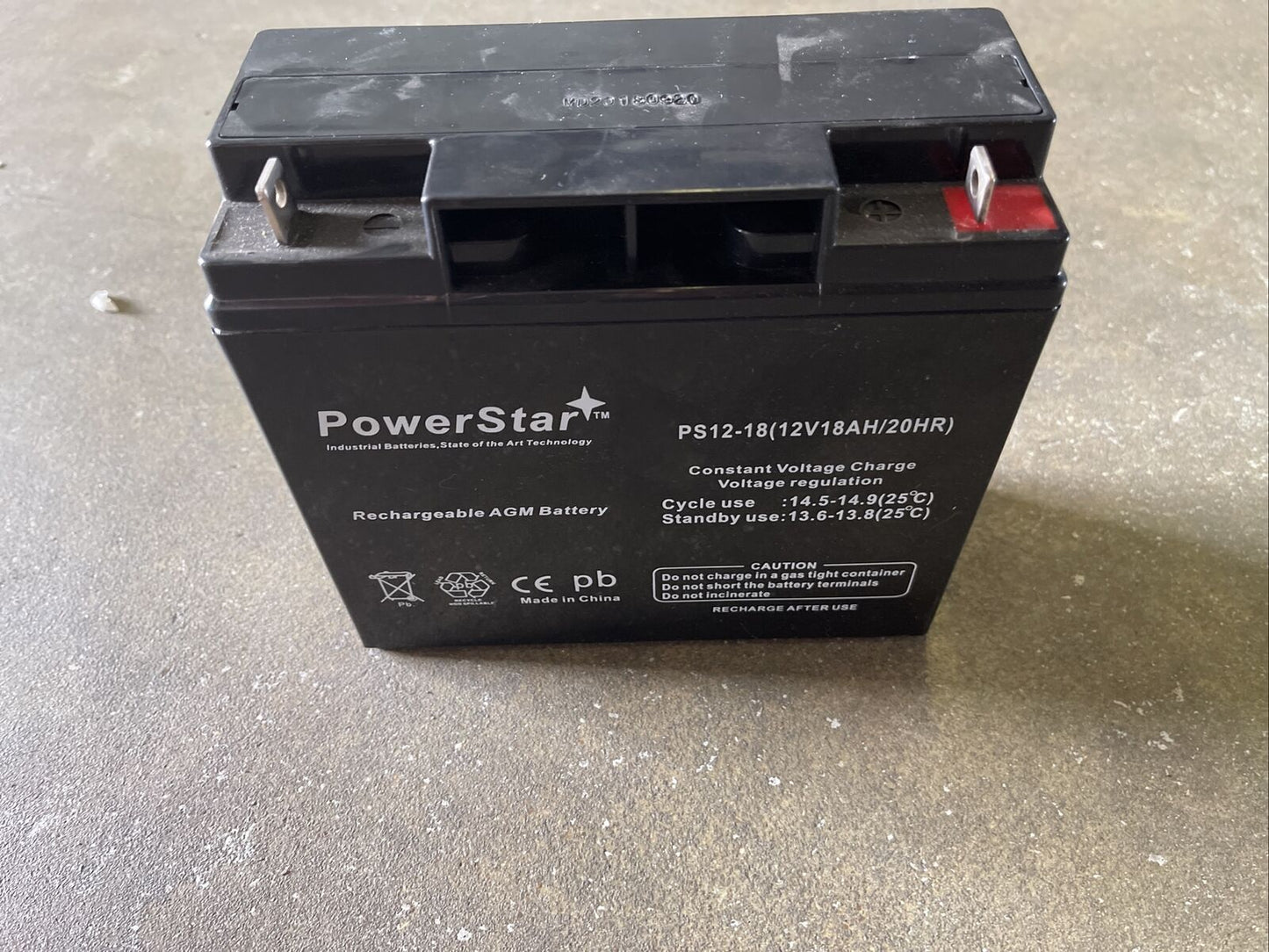 POWERSTAR PS12-18 RECHARGEABLE SEALED AGM BATTERY, 12 VOLTS, 18AH.