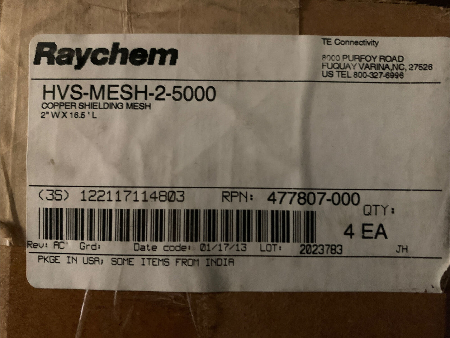 RAYCHEM TE CONNECTIVITY HVS-MESH-2-5000 COPPER SHIELDING MESH, 2" W x 16.5' L