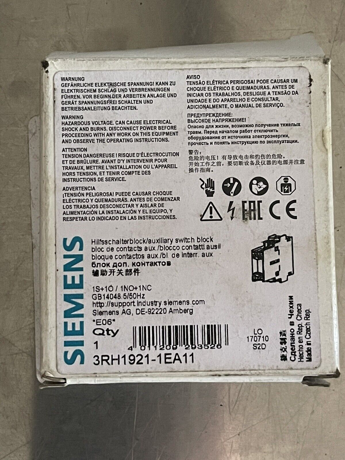 SIEMENS 3RH1921-1EA11 AUXILIARY SWITCH BLOCK,  1NO + 1NC