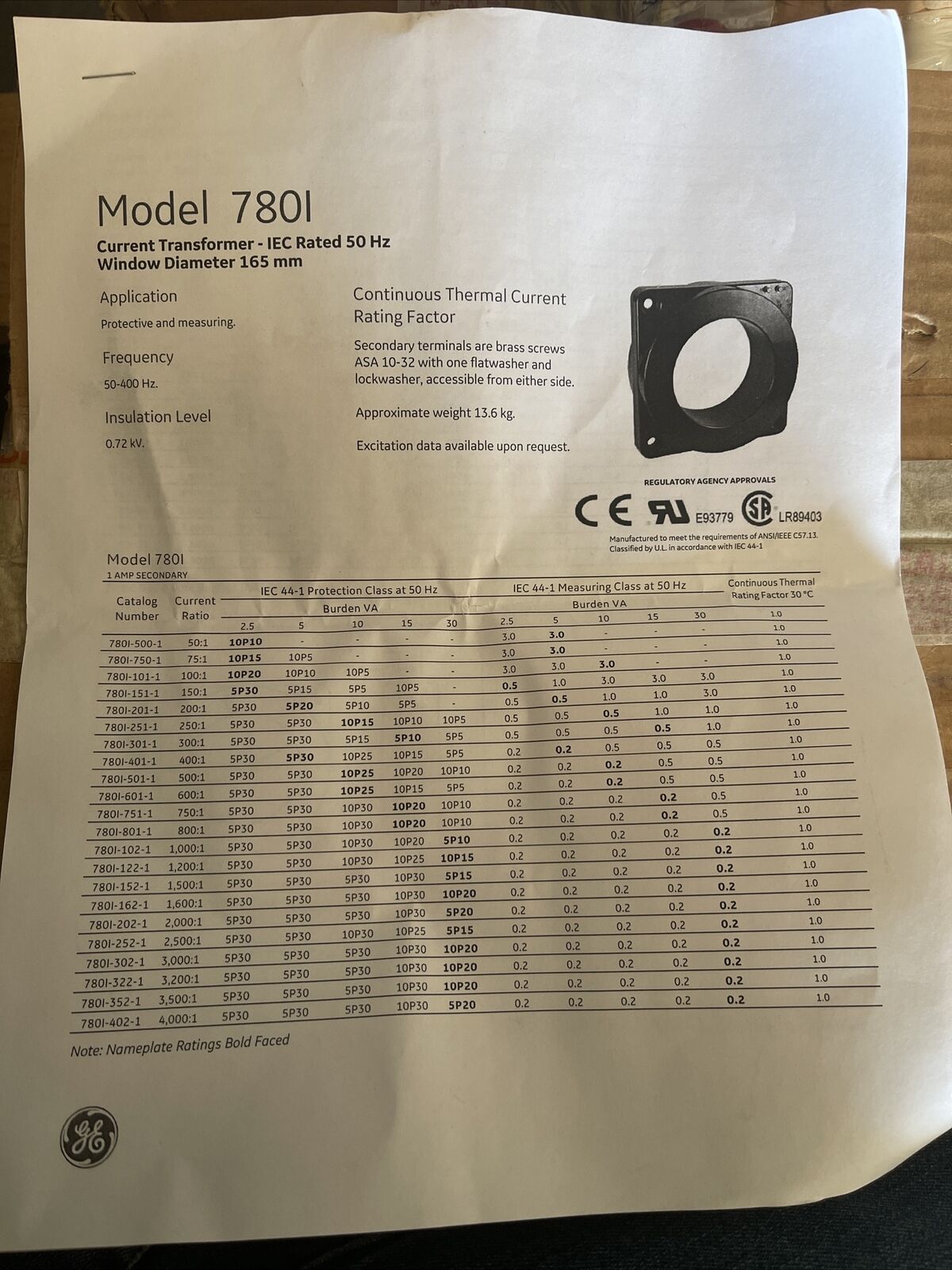 GE 780I-202-1 SOLID CORE CURRENT TRANSFORMER, PROTECTIVE AND MEASURING