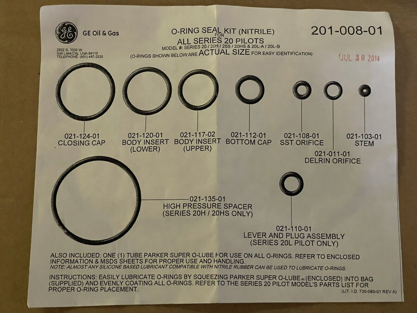 GE 201-120-01 MOONEY O-RING NITRILE SEAL KIT FOR SERIES 20/20S PILOTS