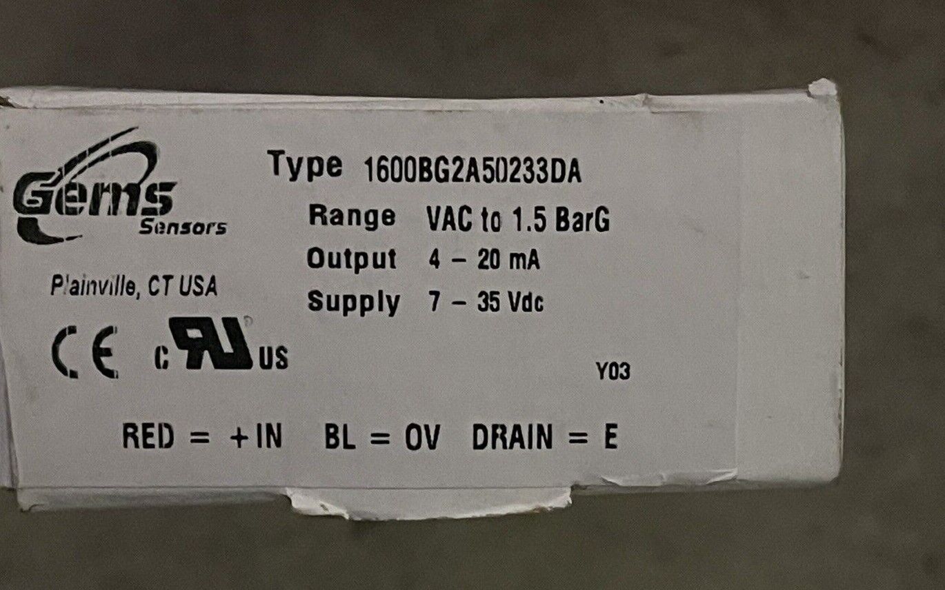 GEMS SENSORS 1600BG2A50233DA PRESSURE TRANSDUCER, SERIES 1600