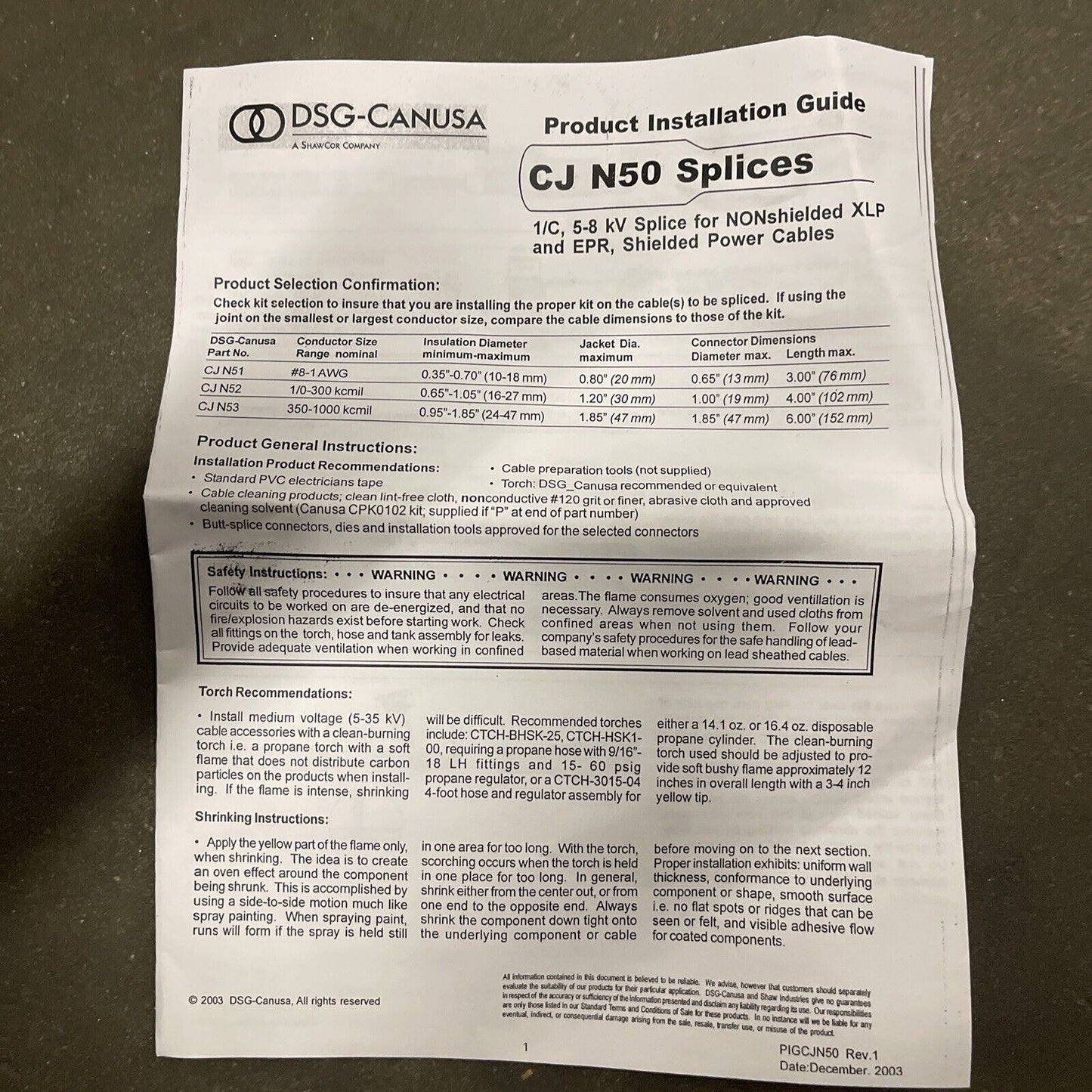 DSG-CANUSA, P176-CJN53, 1/C, 5-8 kV SPLICE FOR XLP/EPR NON-SHIELDED POWER CABLES