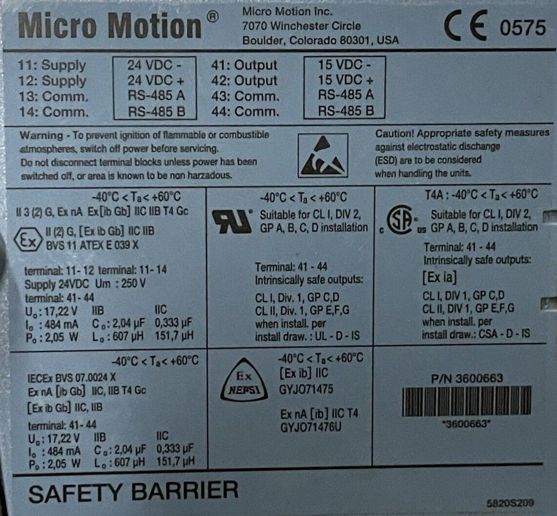 MICRO MOTION 3600663 SAFETY BARRIER MVD DIRECT CONNECT MODULE 24VDC