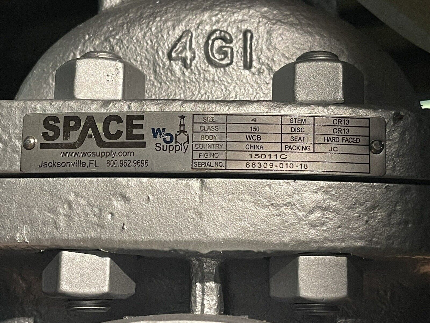 SPACE 4" CAST STEEL GATE VALVE 15011C, CLASS 150, BOLTED BONNET