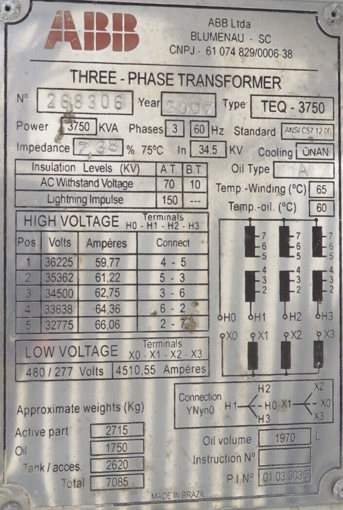 ABB TEQ-3750 3-PHASE 60 Hz SUBSTATION TRANSFORMER - 3750 KVA (LOT OF 7)