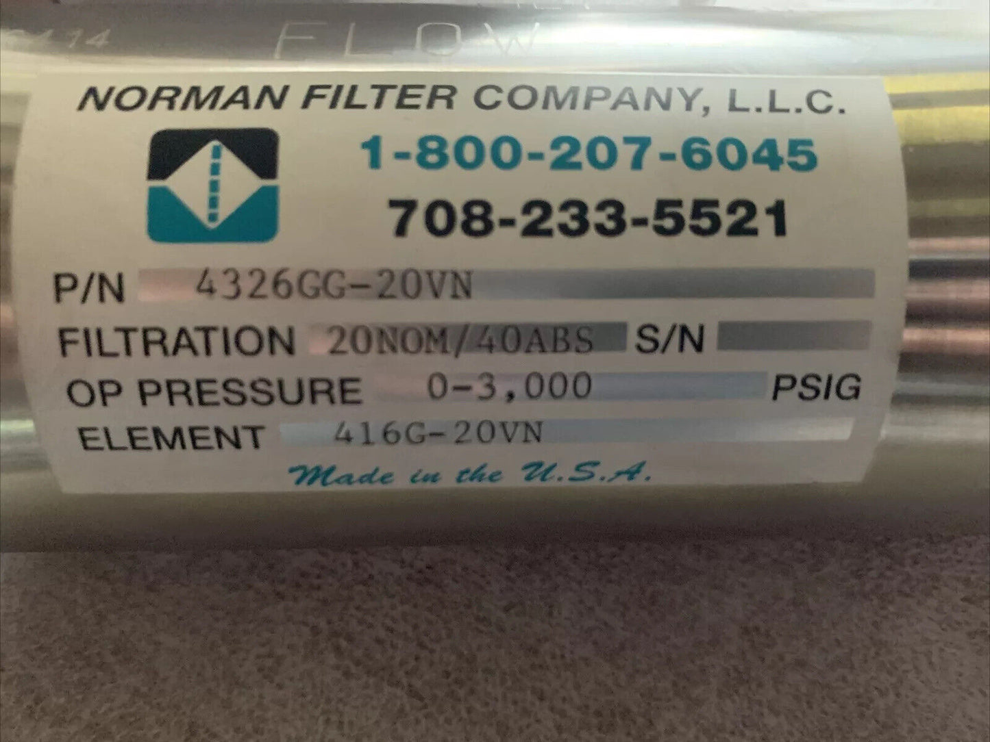 NORMAN FILTER COMPANY 4326GG-20VN FILTER 416G-20VN ELEMENT (FLUITEK FLK31-00025)