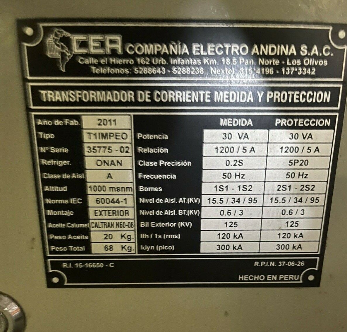 CEA T1IMPEO CURRENT TRANSFORMER 30 VA, 50 Hz, 125 kV