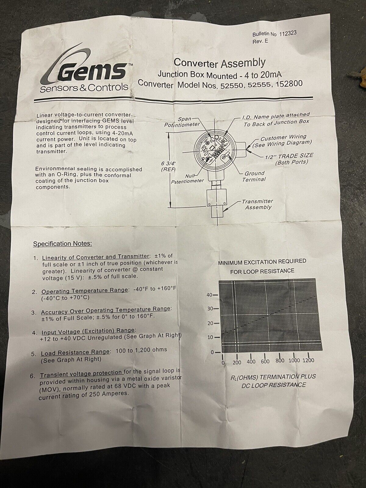 GEMS SENSORS XT-800 SERIES 4-20 mA CONTINUOUS TANK LEVEL TRANSMITTER