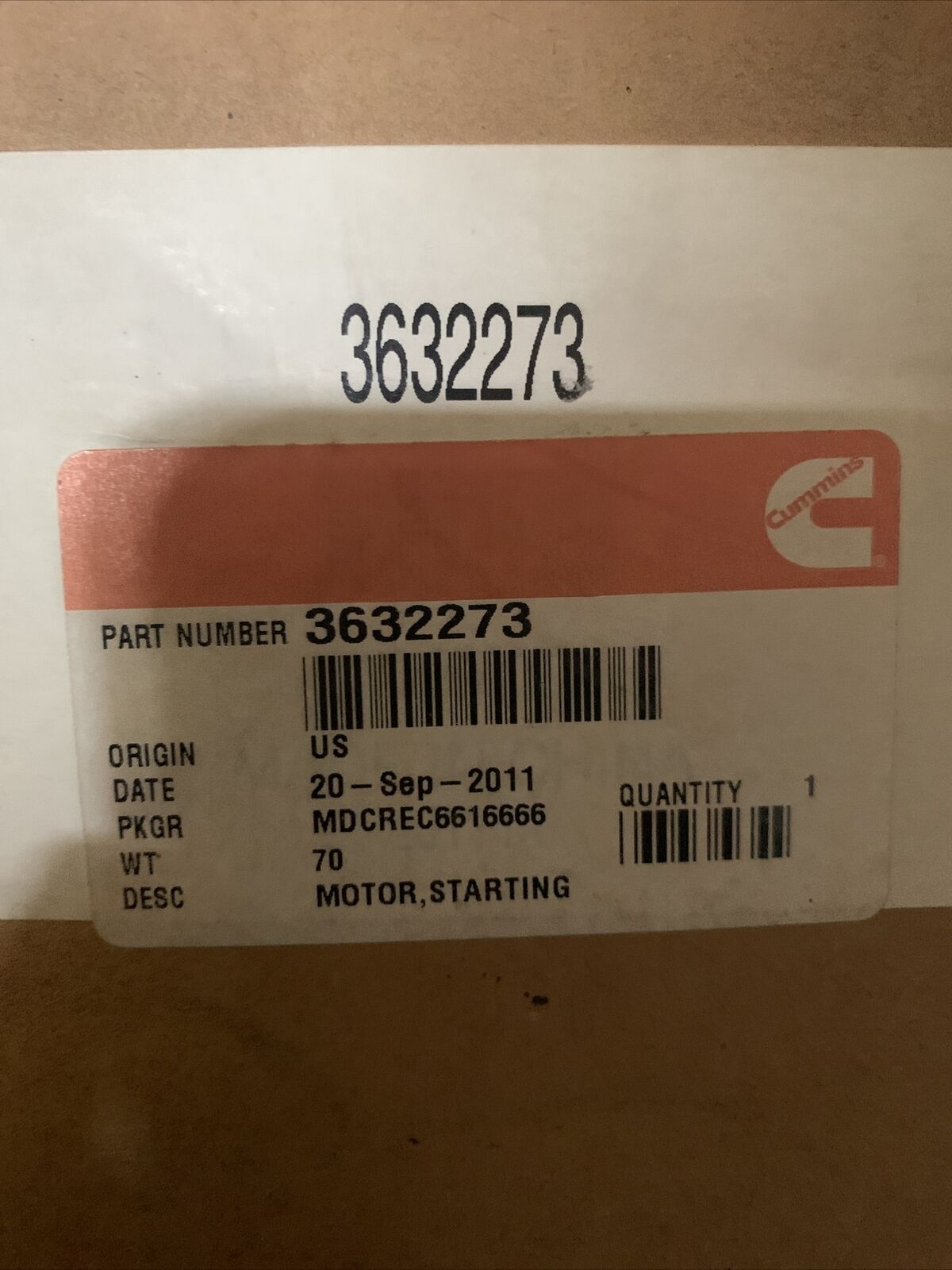 CUMMINS MOTOR, STARTING 3632273 (DUAL ELECTRIC) GENUINE OEM PART