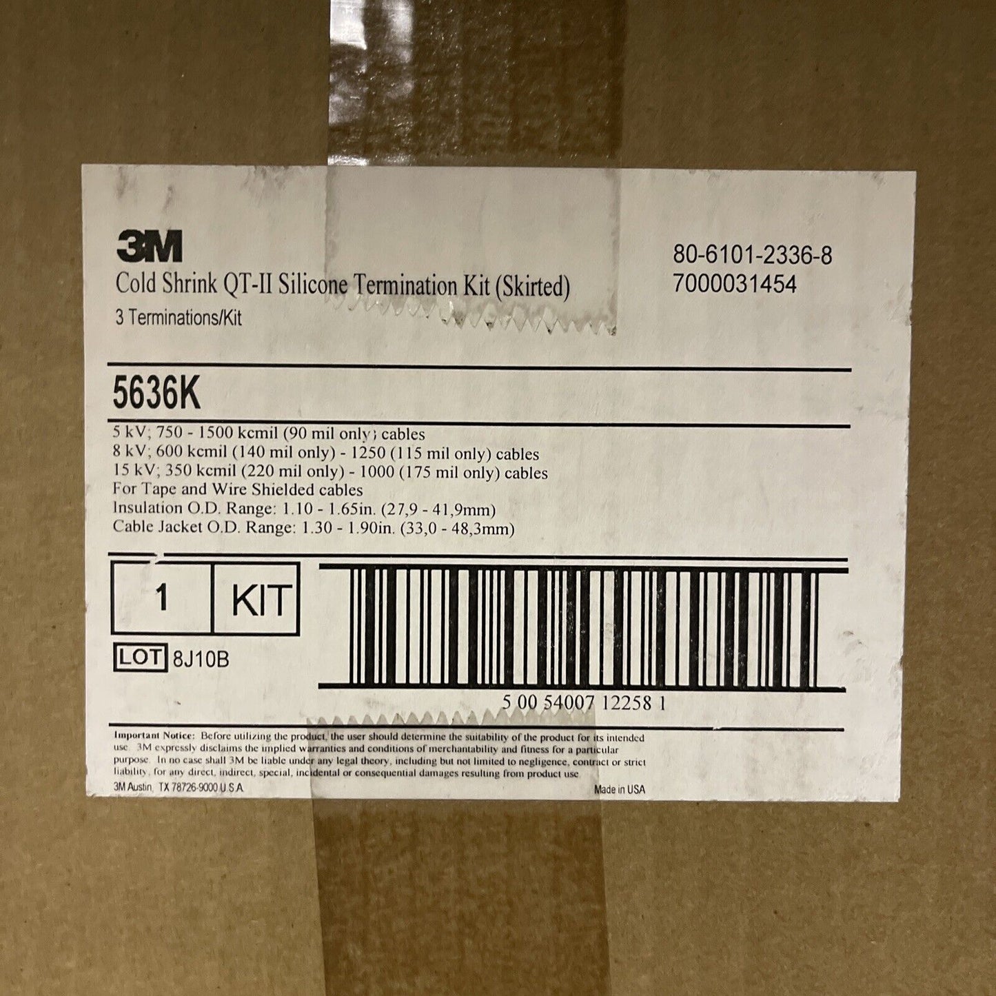 3M SERIES 5636K COLD SHRINK QT-II OUTDOOR TERMINATION KIT, 5-15 kV