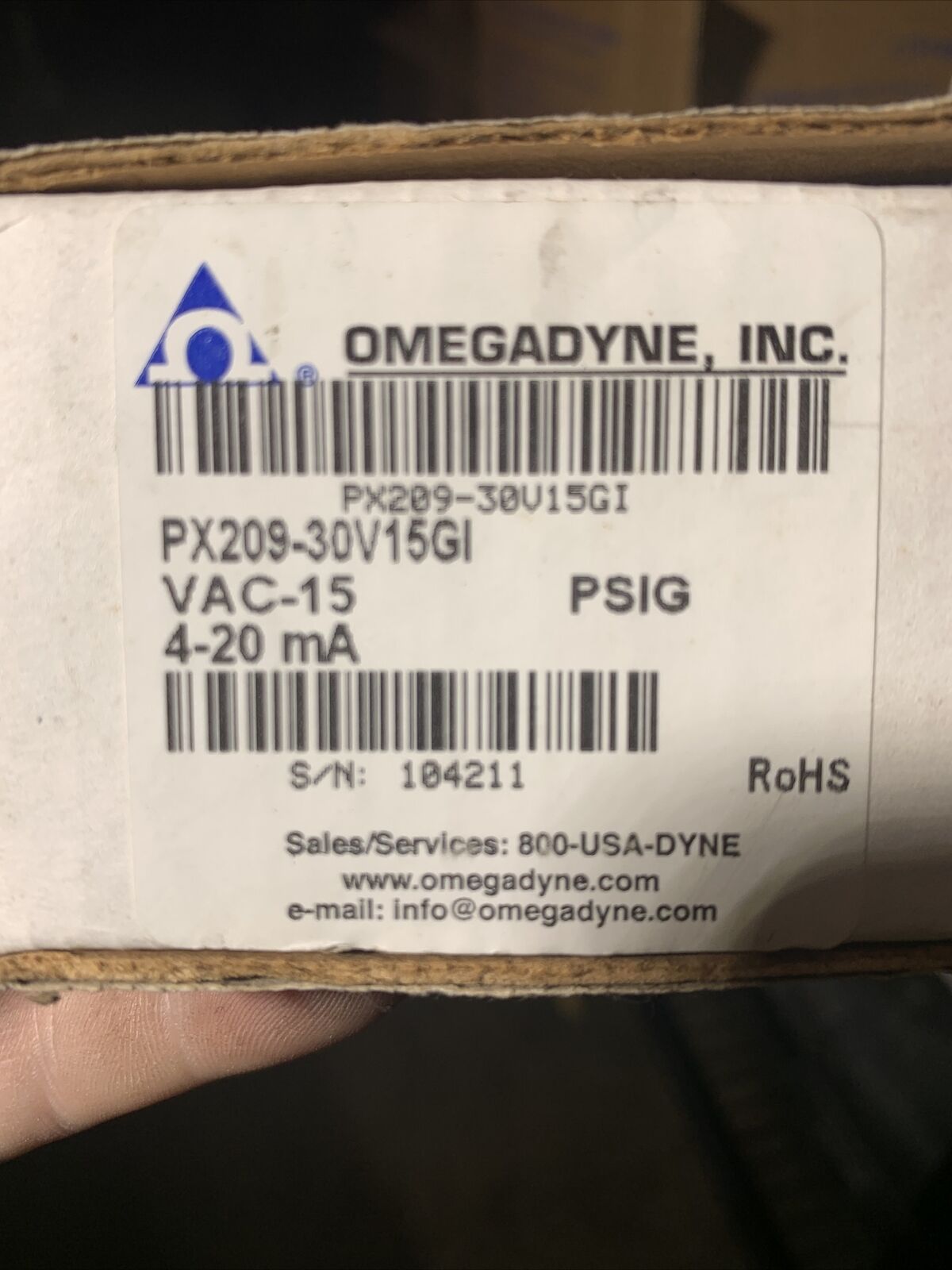 OMEGA OMEGADYNE PX209-30V15GI PRESSURE TRANSDUCER 1/4". 0-5 VDC, 4-20 mA OUTPUT