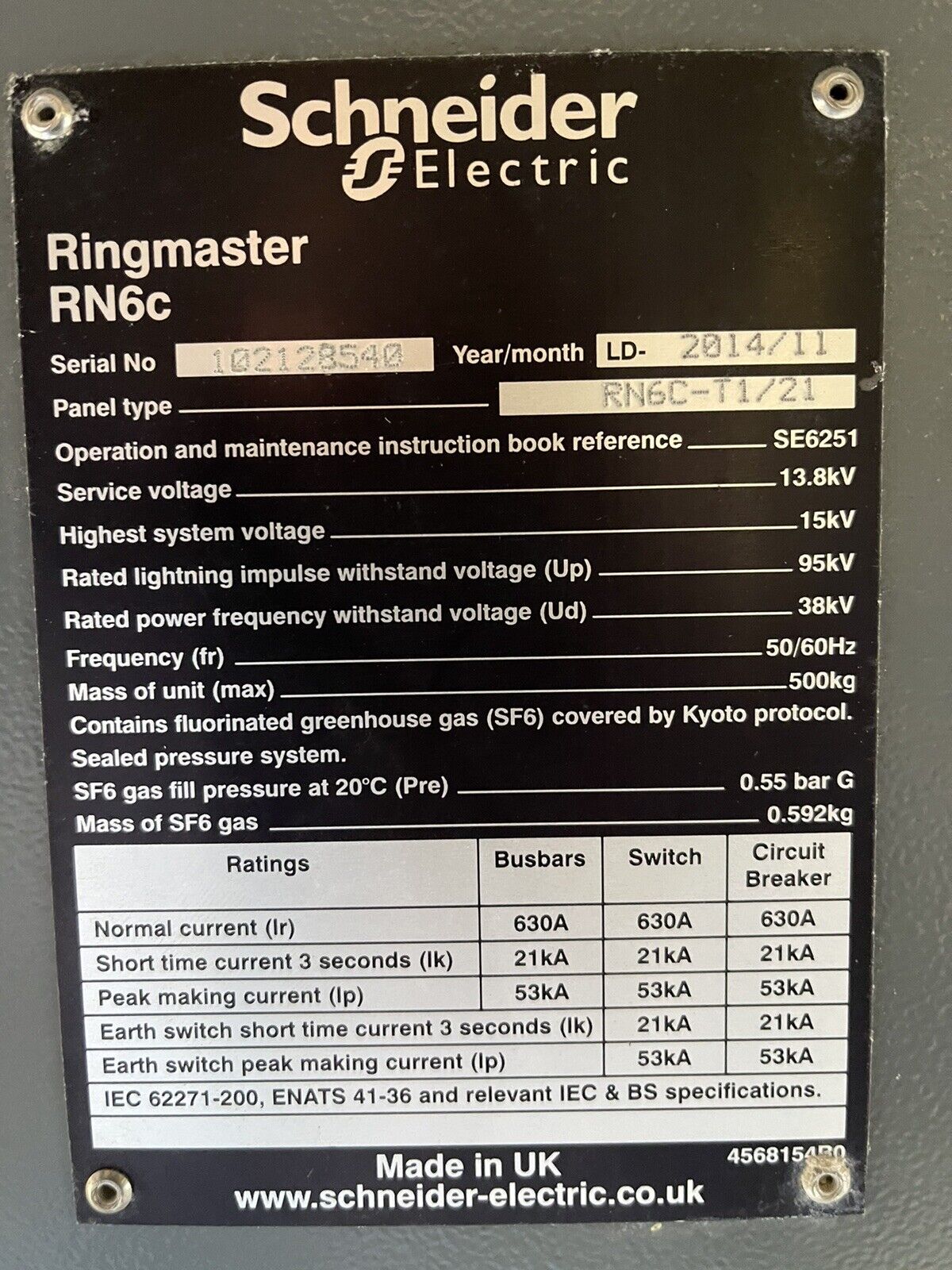 SCHNEIDER ELECTRIC RINGMASTER RN6C-T1/21 RING MAIN UNIT