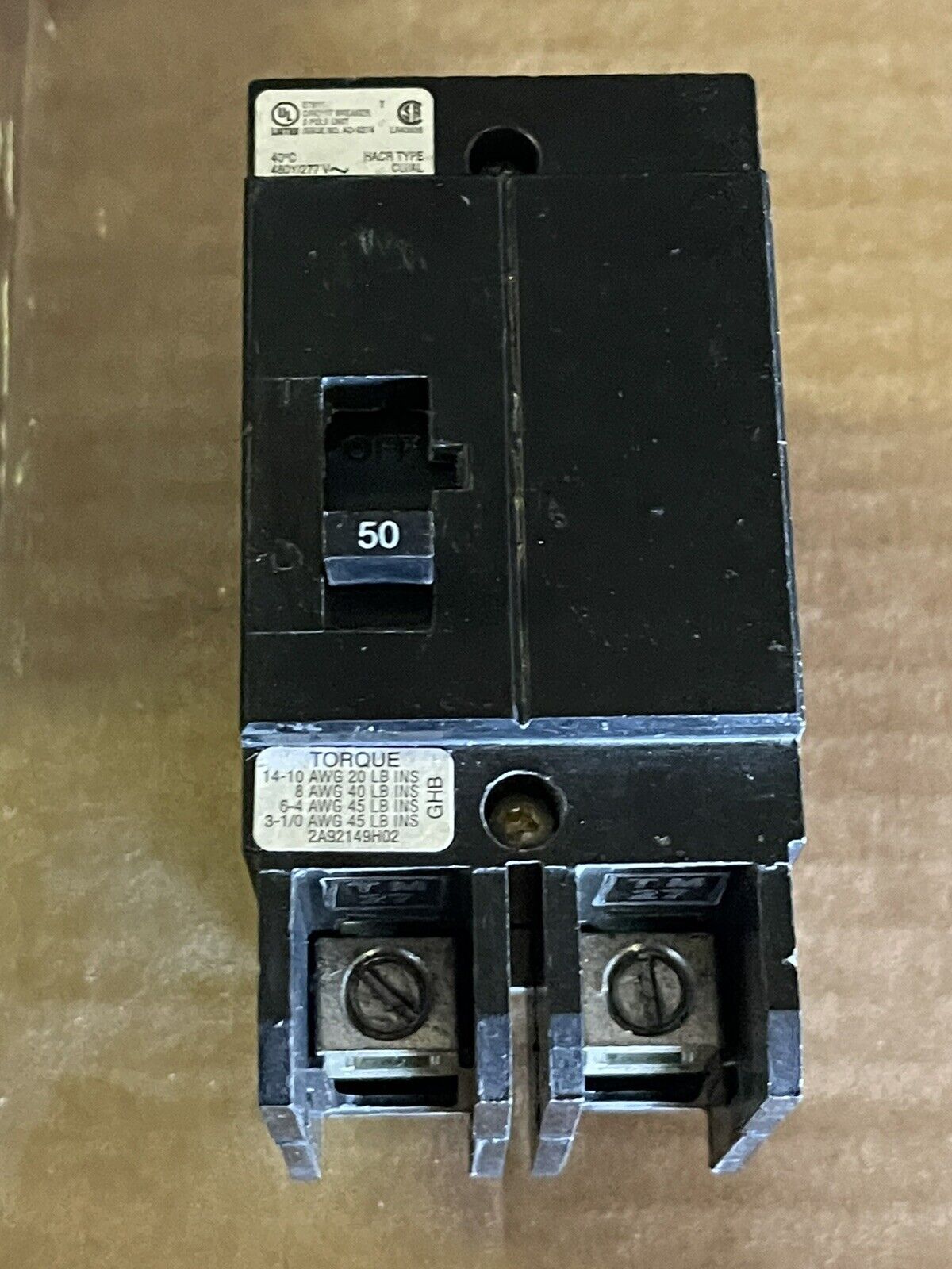 EATON CUTLER HAMMER GHB2050 CIRCUIT BREAKER, THERMAL MAGNETIC, 50A, 277/480 VAC