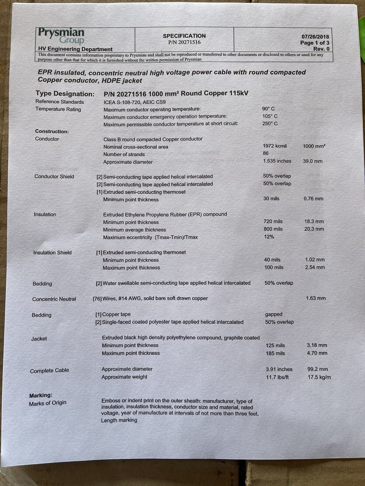 PRYSMIAN USA HIGH VOLTAGE (HV) CABLE 1/C 1000 mm2 CMPT CU 115kV EPR 2069 FT