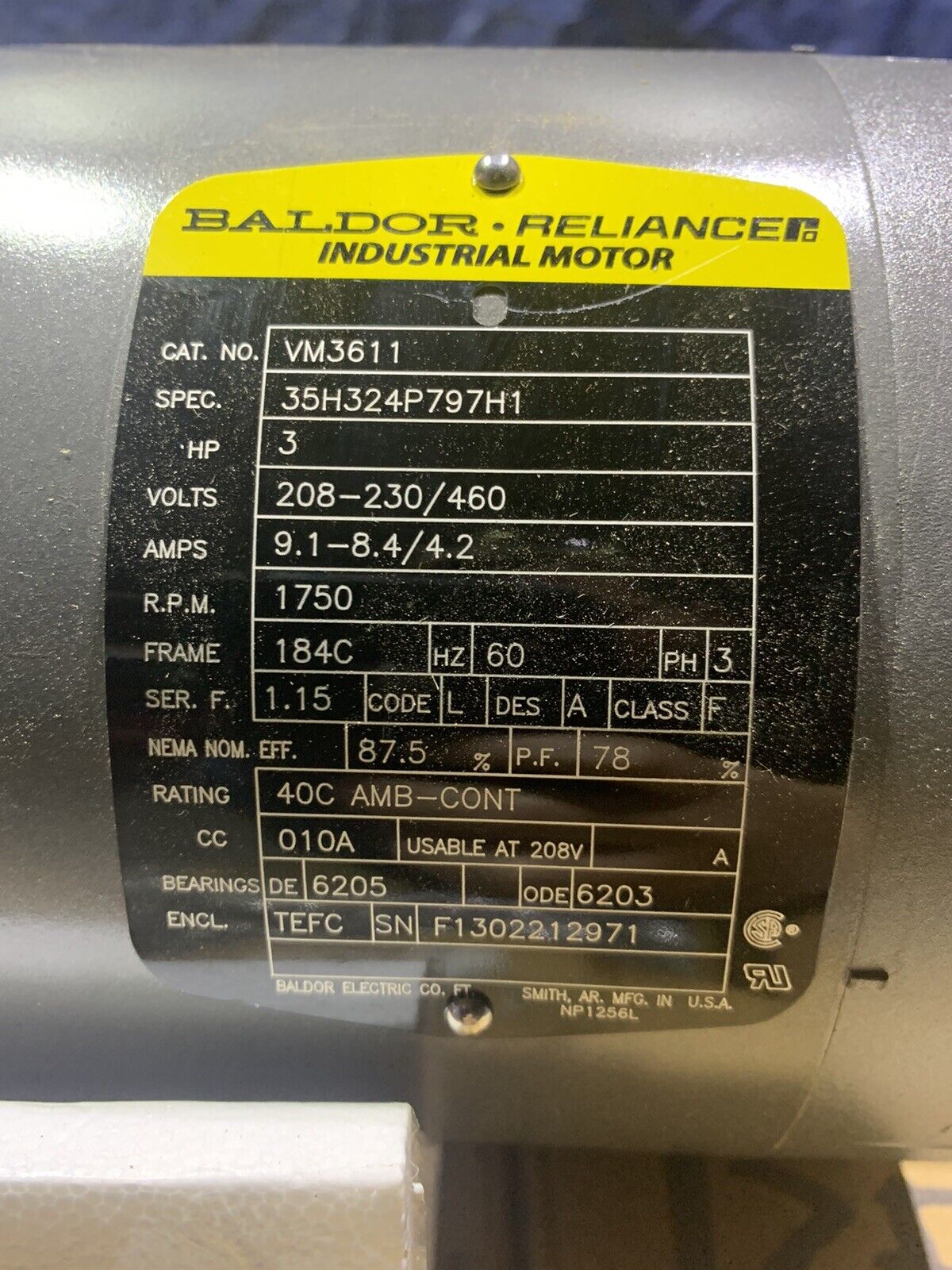 BALDOR VM3611 GENERAL PURPOSE MOTOR 3HP, 1750RPM 208-230V/460V, 3PH, 60 Hz. 184C