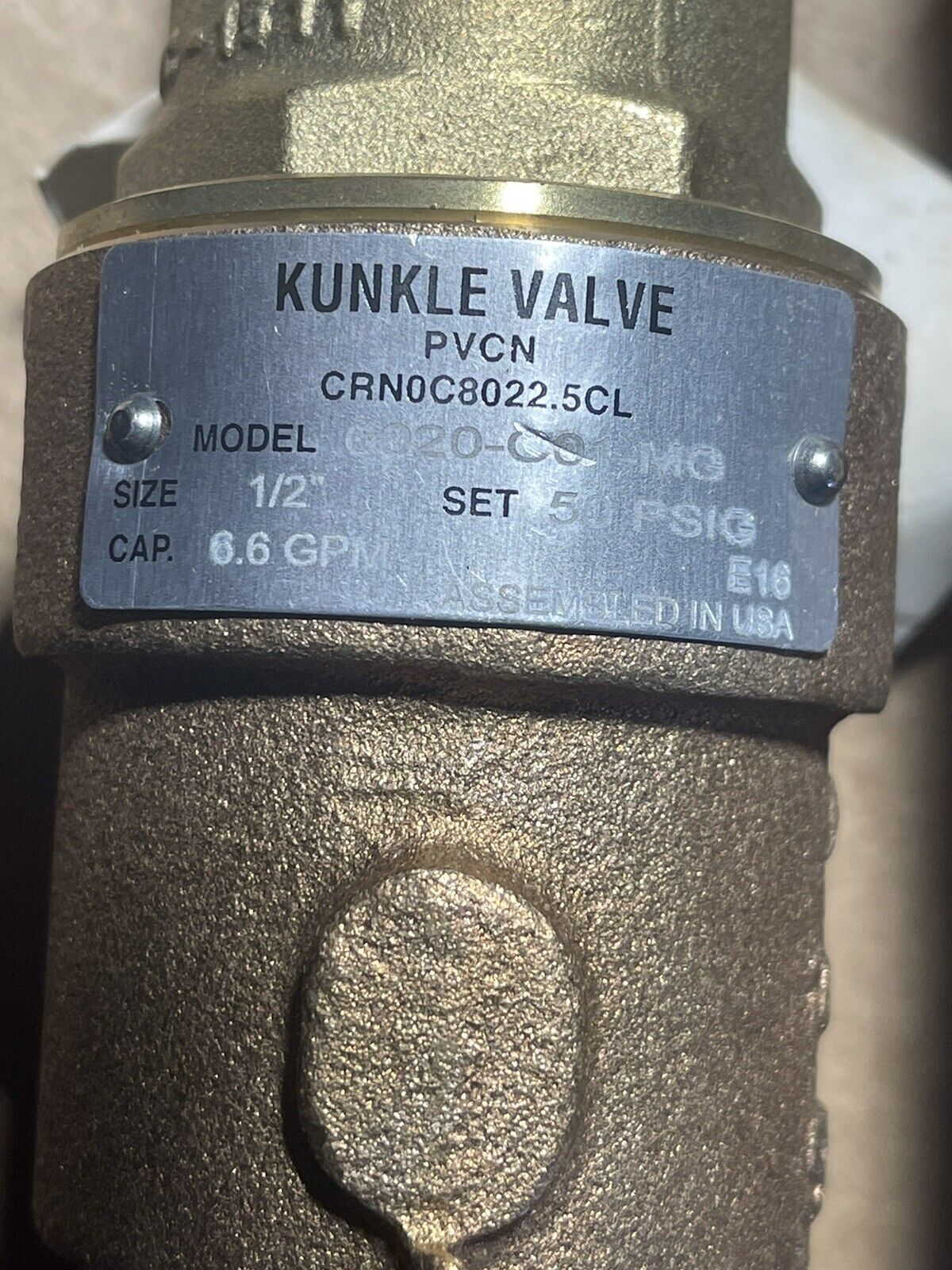 KUNKLE 0020-C01-MG BRASS RELIEF VALVE, 6.6 GPM, 50 PSI, 1/2" NPT (0020C01MG)