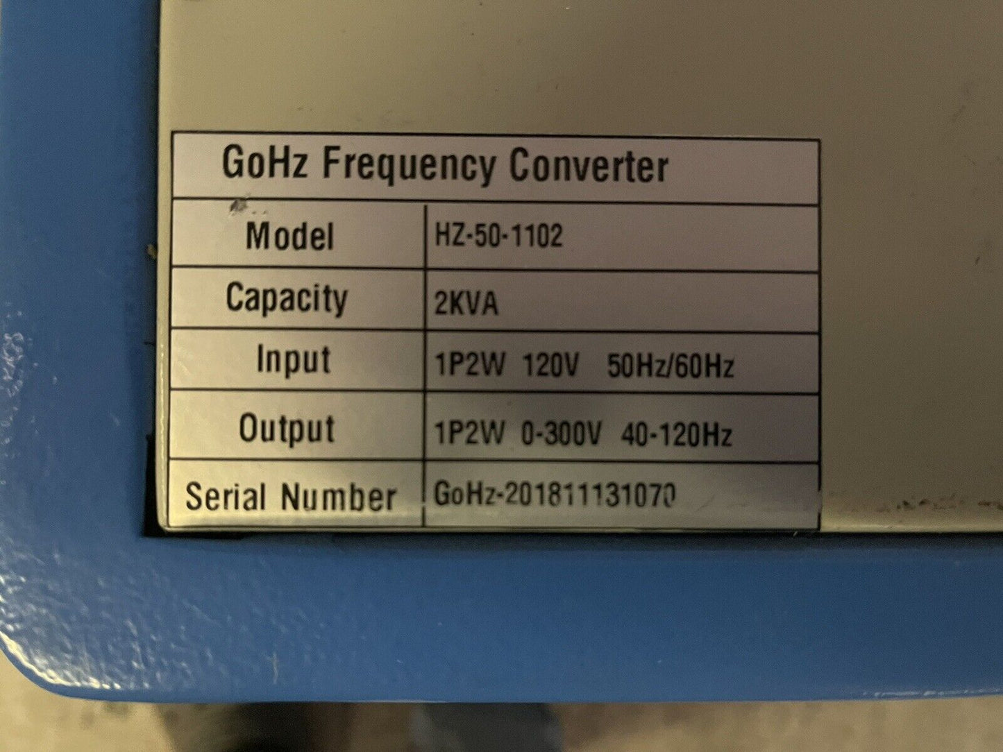 GoHz HZ-50-1102 FREQUENCY CONVERTER, 2kVA, SINGLE PHASE, 50Hz/60Hz