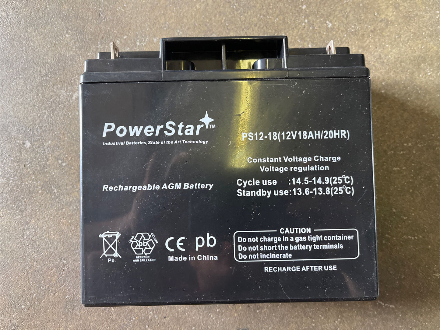 POWERSTAR PS12-18 RECHARGEABLE SEALED AGM BATTERY, 12 VOLTS, 18AH.