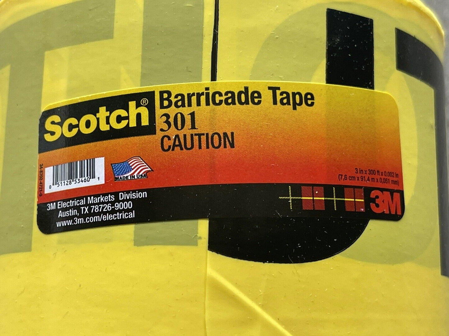 SCOTCH 3" x 300' YELLOW BARRICADE MARKING TAPE 301, LEGEND CAUTION (1 ROLL)