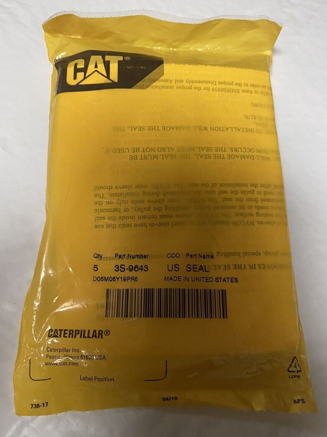 CATERPILLAR CAT 3S-9643 ROTATING SHAFT LIP TYPE SEAL (5 PACK)