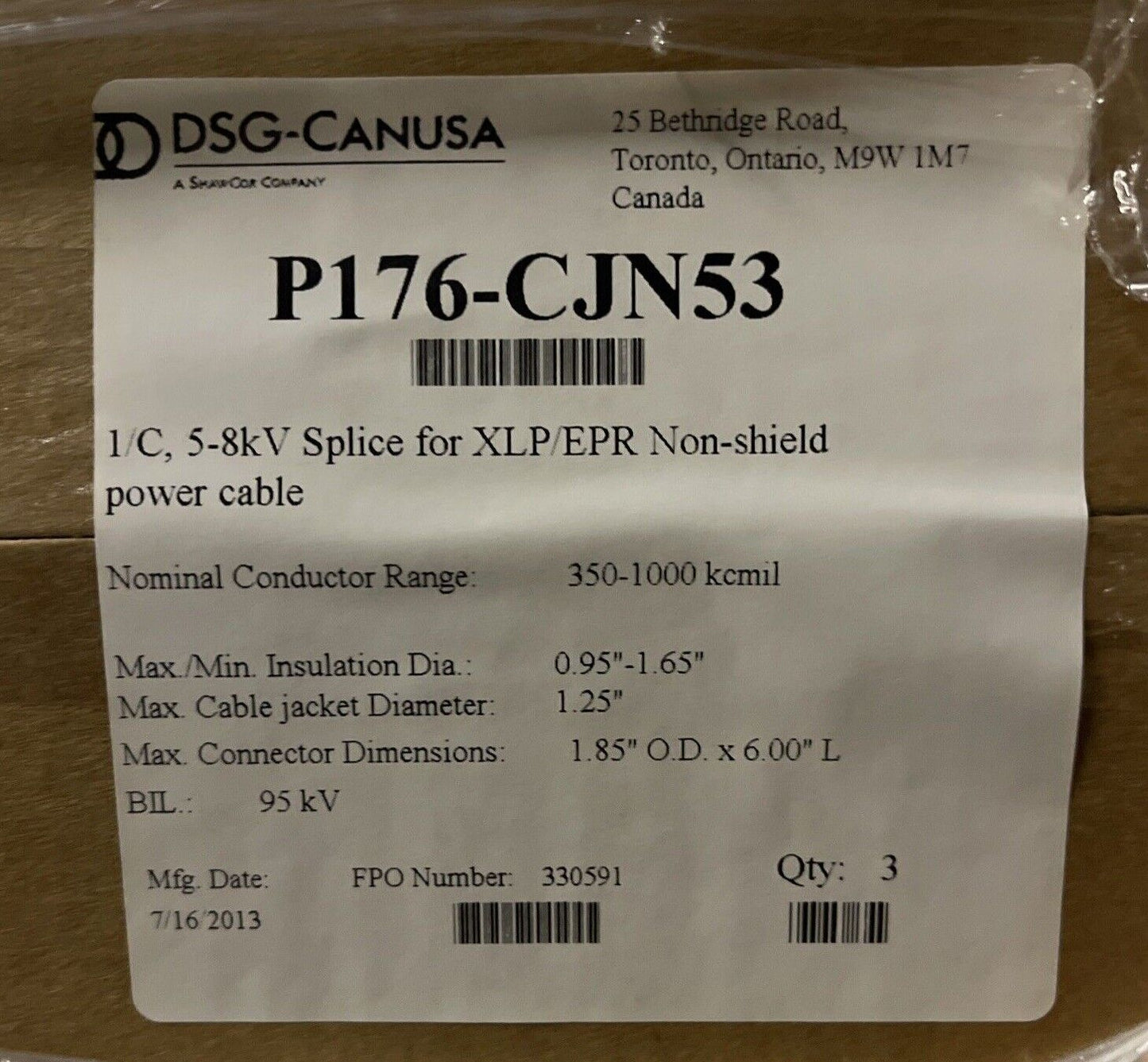 DSG-CANUSA, P176-CJN53, 1/C, 5-8 kV SPLICE FOR XLP/EPR NON-SHIELDED POWER CABLES